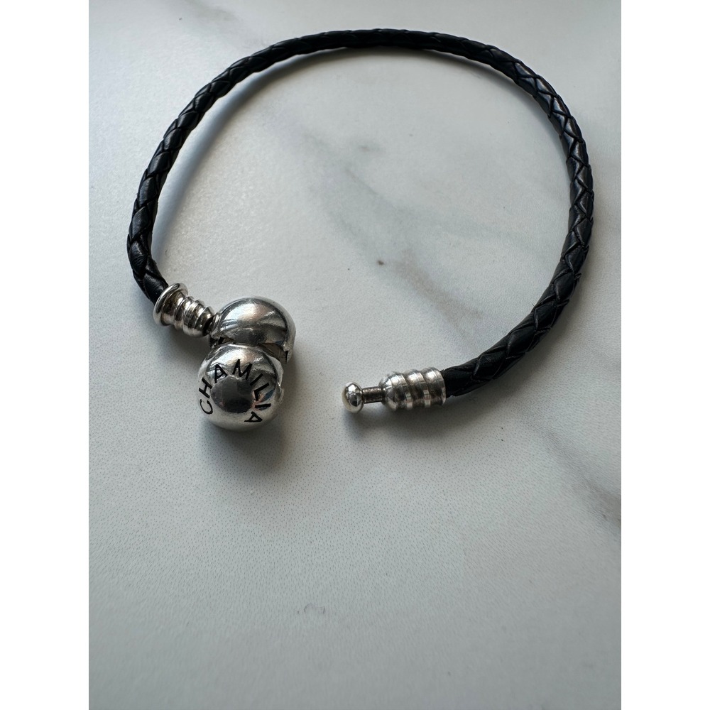 Chamilia Black Braided Leather Bracelet Sterling Silver 925 Snap Clasp 8.25in